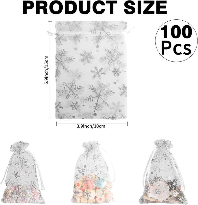 BOEIAC Snowflake Organza Bags, 100 PCS Christmas Sheer Organza Bags with Drawstring 4 x 6 inch, Jewelry Gift Bag, White Small Mesh Goodies Xmas Wedding Favor Mini Candy Pouches Bag for Christmas Party Favors - Image 2